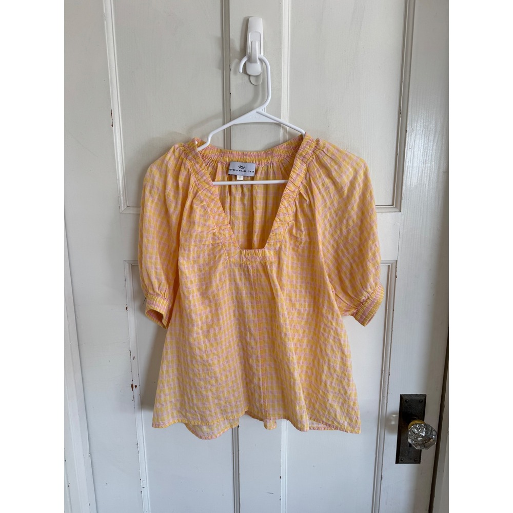 Never a Wallflower pink yellow gingham plaid puff sleeve top size small
